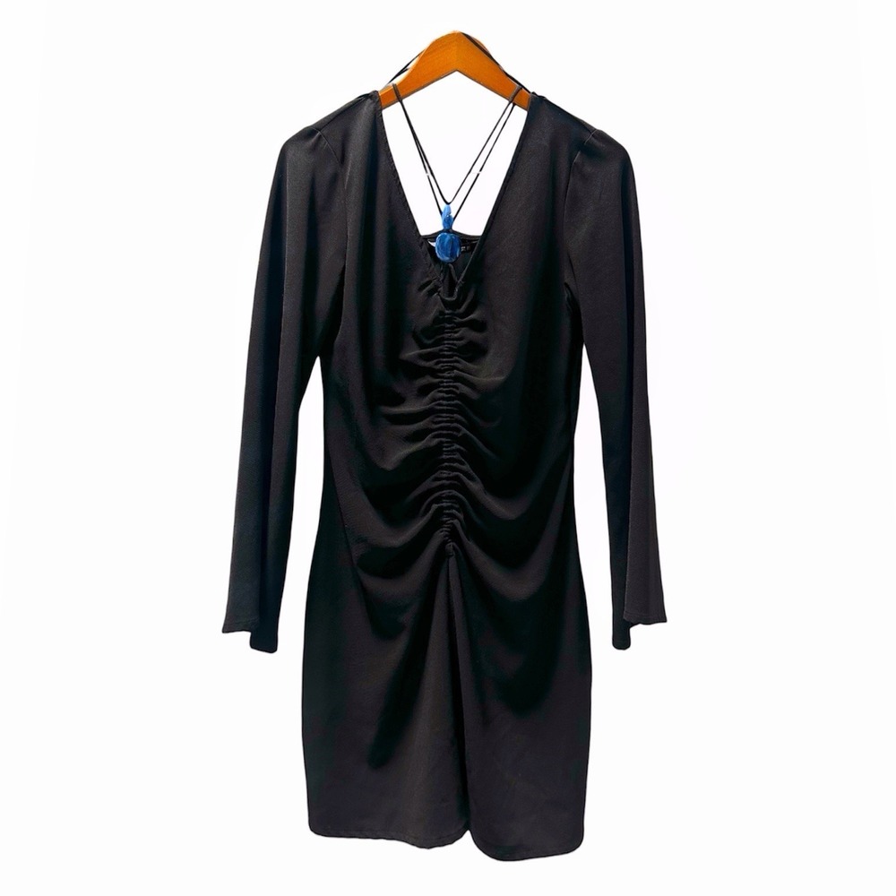 Zara Black Ruched Long Sleeve Beaded Detail V-Neck Mini Dress. Size Large